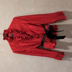 Adrianna Papell Evening Essentials red ruffle jacket, button & ribbon detail, 8
